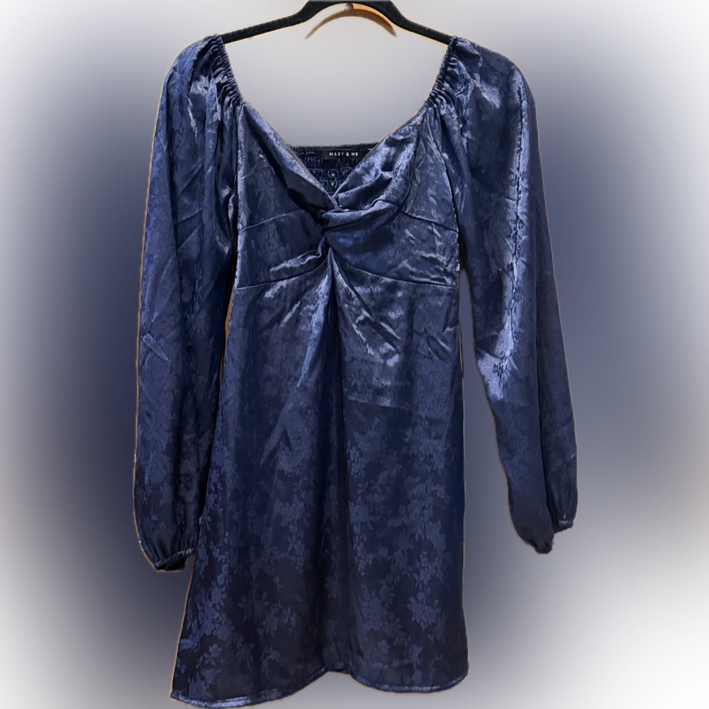 Mary & Mo Navy Floral Jacquard Puff Sleeve Square Neck Mini Dress S